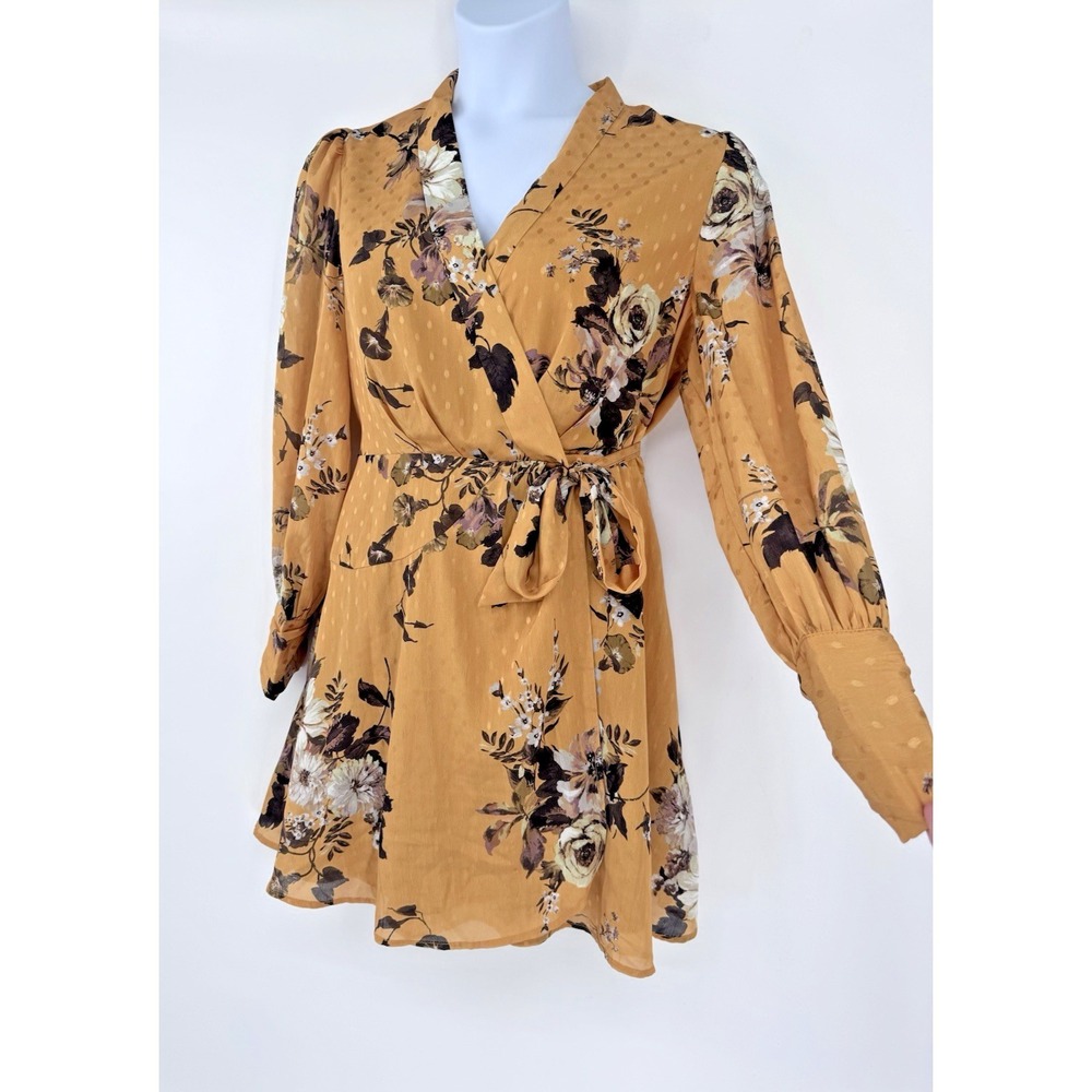 BTFL-Life Long Sleeve Satin Wrap Dress Floral Yellow Fall Lined career cottage L